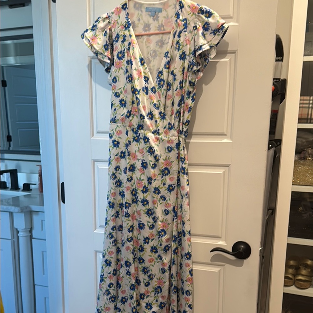 Draper James Cream and Blue Maxi Wrap Dress with Flutter Cap Sleeves